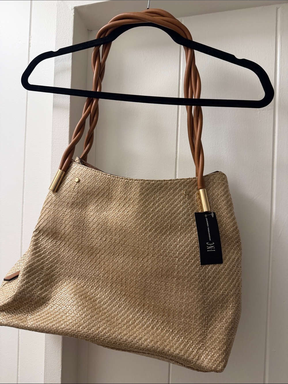 INC International Concepts Woven Straw Shoulder Bag with Braided Tan Handles
